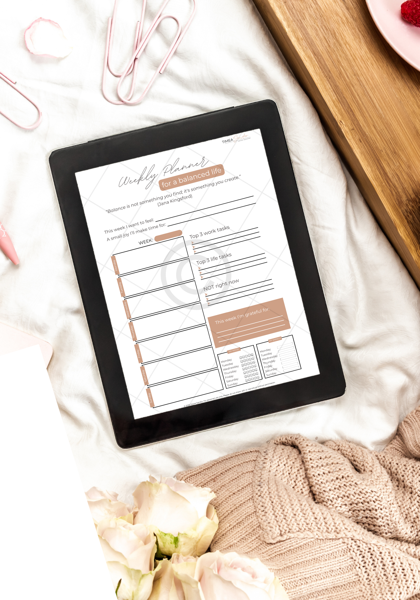 BBWP-website-image Balanced Business Weekly Planner on a bed with a tray and a blanket